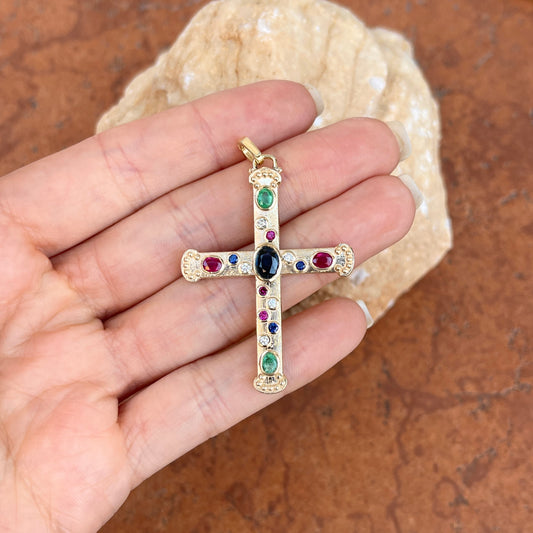 14KT Yellow Gold + Gemstones Matte Medieval Cross Slide Pendant - LSJ