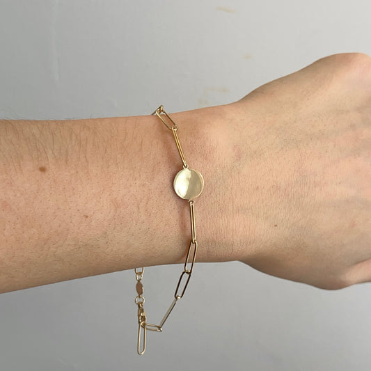 14KT Yellow Gold Round Disc Paper Clip Chain Bracelet