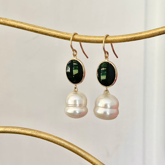 14KT Yellow Gold Oval Black Onyx + 12mm Paspaley South Sea Pearl Hook Earrings