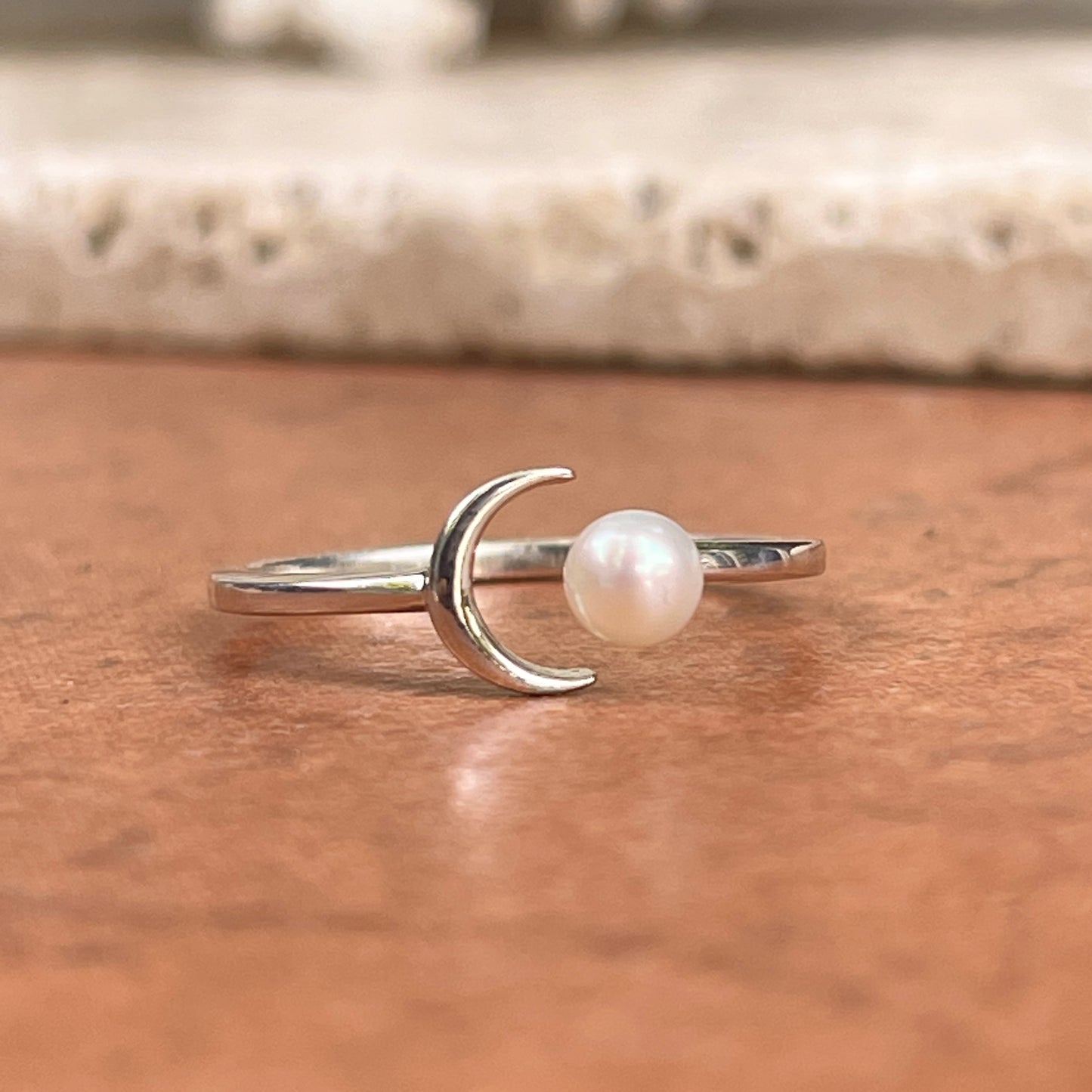 Sterling Silver Freshwater Pearl Crescent Moon Open Ring