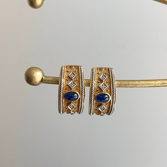 Estate 14KT Yellow Gold Byzantine Blue Sapphire + Diamond Omega Back Earrings