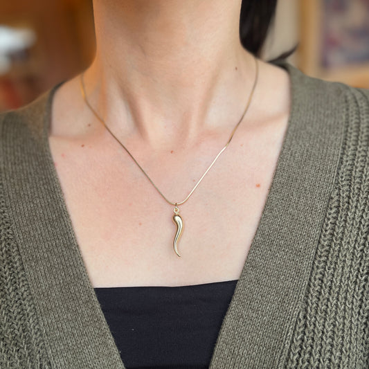 14KT Yellow Gold Corno Italian Horn Pendant Charm 33mm