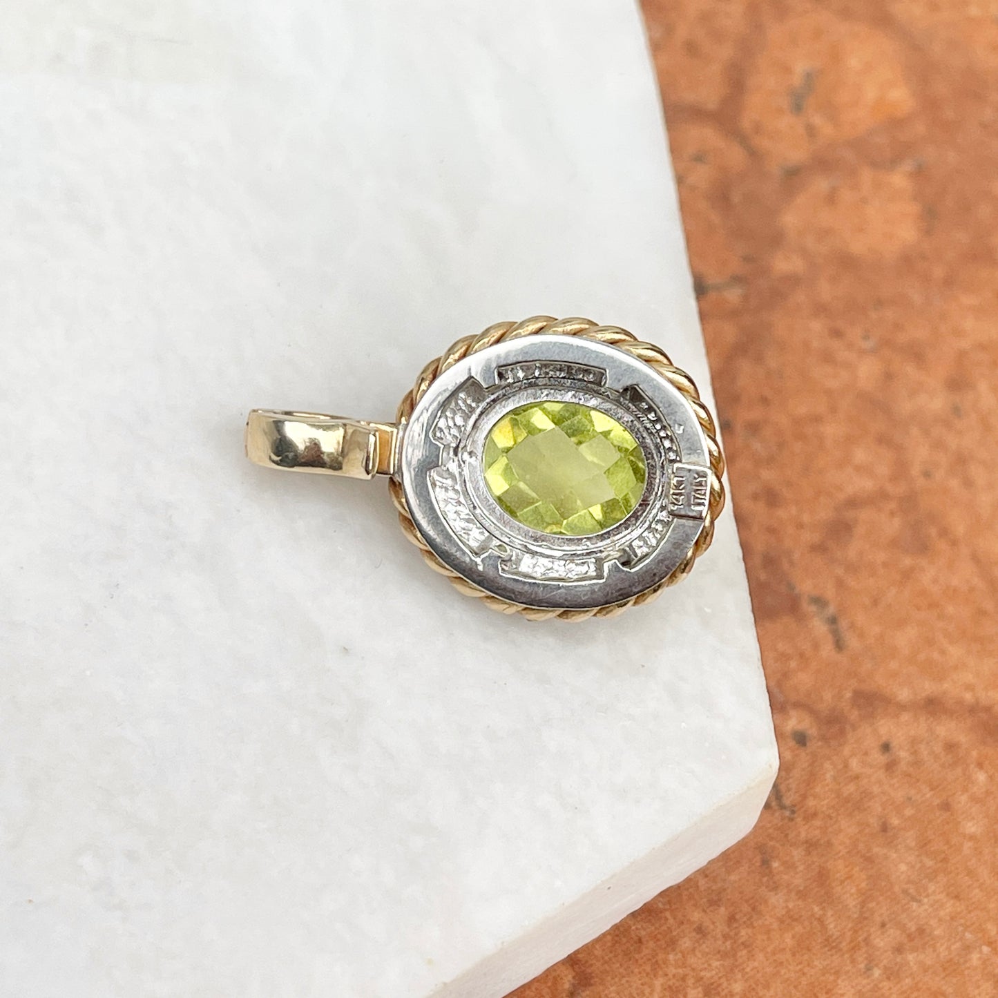Estate 14KT Yellow Gold + White Gold Oval Faceted Peridot Pendant Enhancer