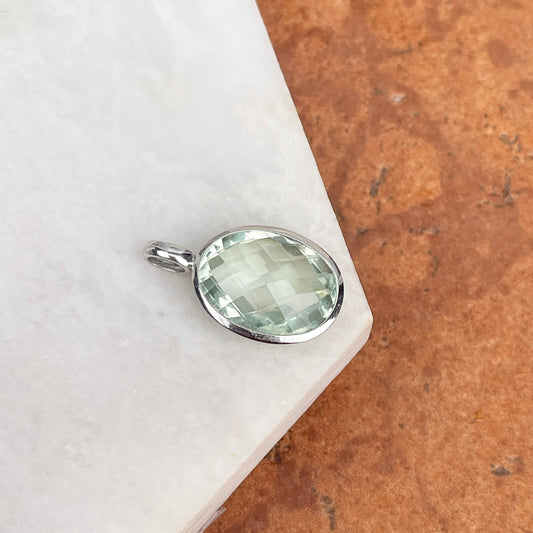 Estate 14KT White Gold Oval Checkerboard Bezel Green Amethyst Pendant