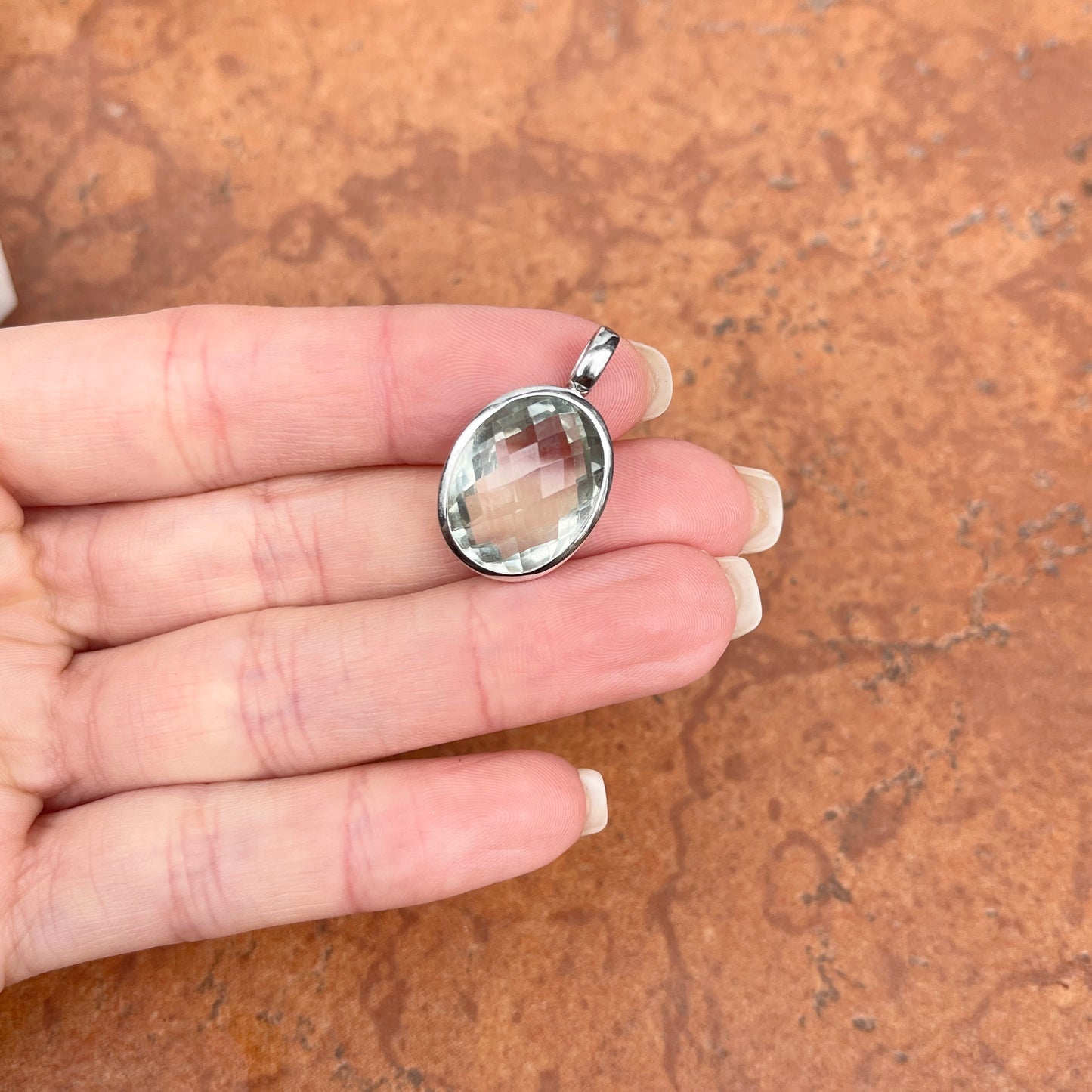 Estate 14KT White Gold Oval Checkerboard Bezel Green Amethyst Pendant - LSJ