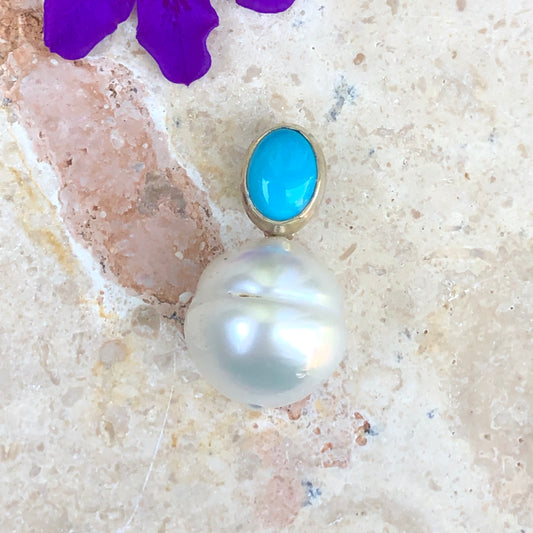 14KT White Gold Turquoise + Paspaley South Sea Pearl Pendant Slide, 14KT White Gold Turquoise + Paspaley South Sea Pearl Pendant Slide - Legacy Saint Jewelry