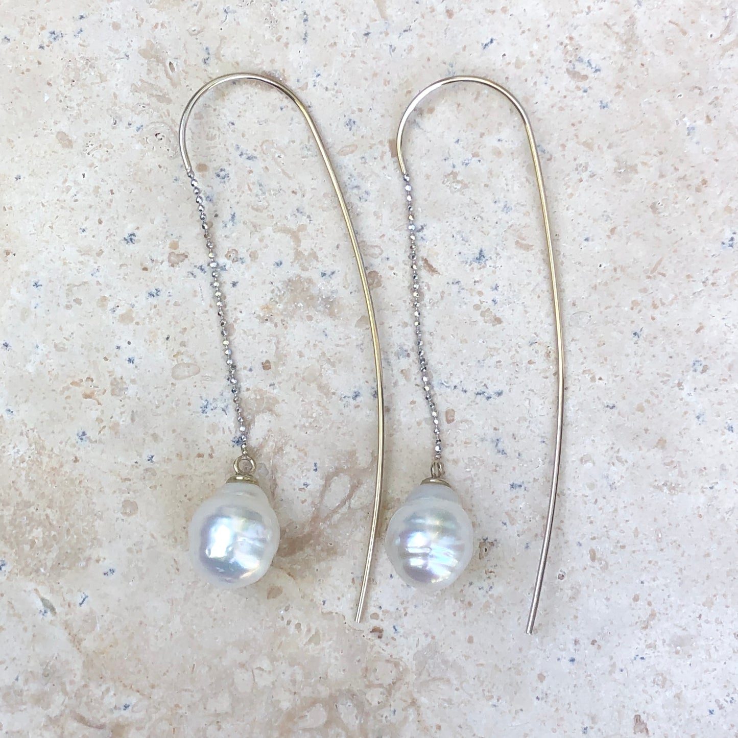 14KT White Gold Paspaley South Sea Pearl Long Chain Wire Threader Earrings - Legacy Saint Jewelry