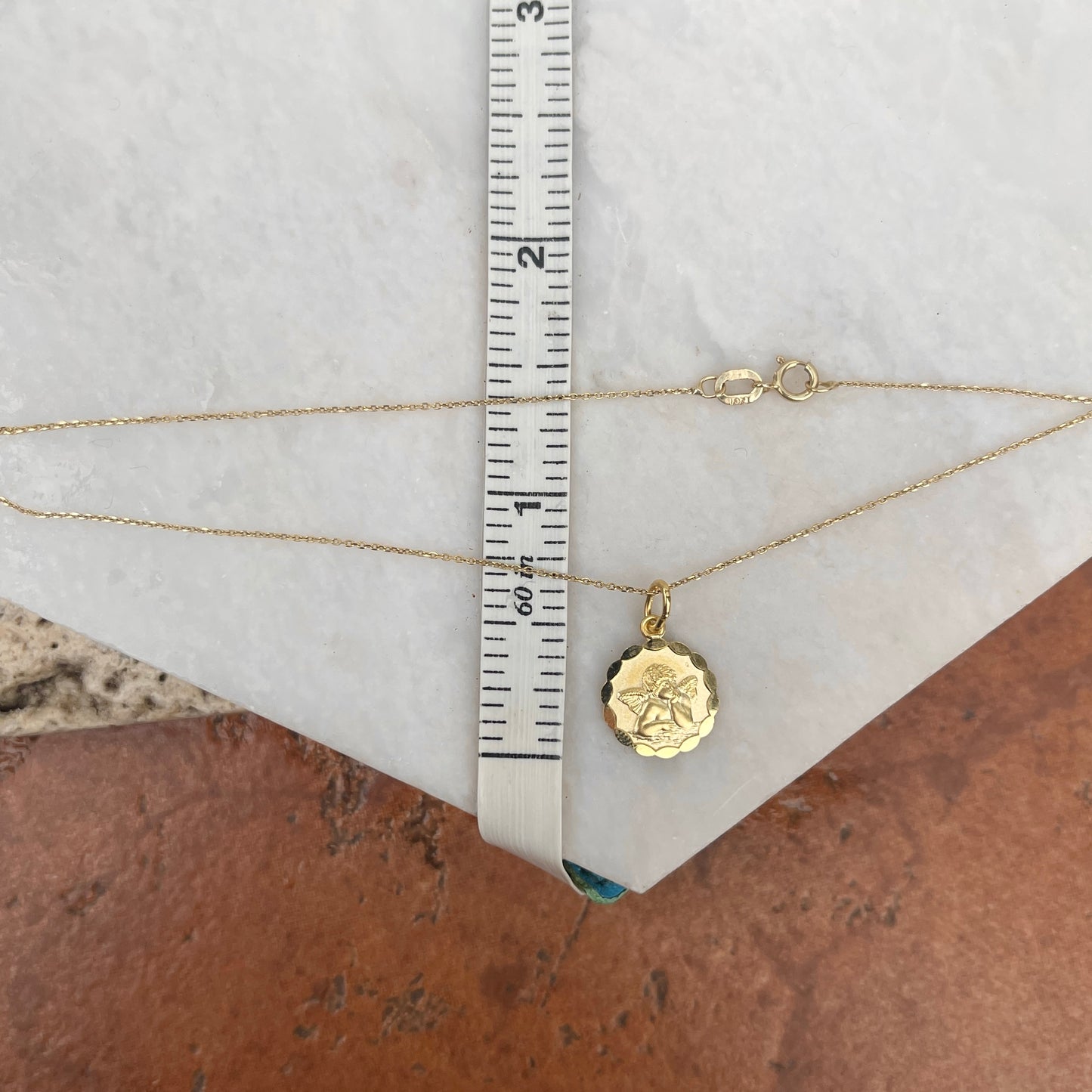 14KT Yellow Gold 12mm Cherub Angel Medal Pendant Chain Necklace