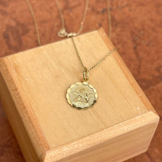 14KT Yellow Gold 12mm Cherub Angel Medal Pendant Chain Necklace