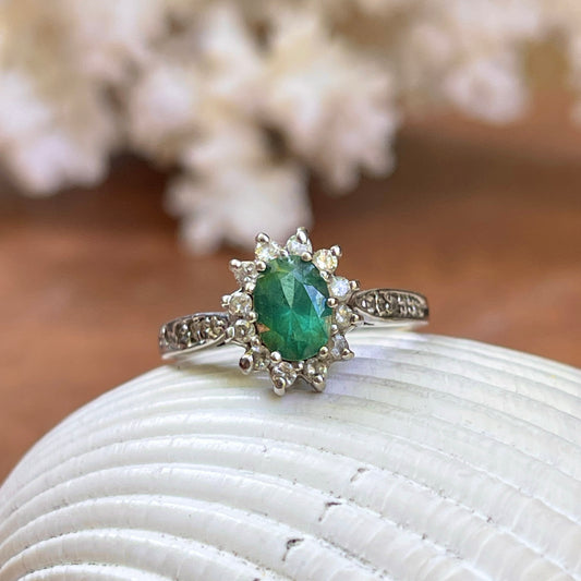 14KT White Gold Oval Evergreen Topaz + Diamond Halo Ring