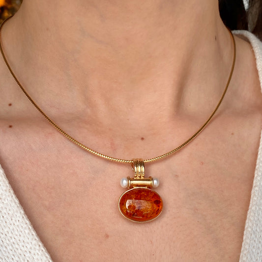 Estate 14KT Yellow Gold Oval Amber + Pearl Pendant Enhancer Omega Clip, Estate 14KT Yellow Gold Oval Amber + Pearl Pendant Enhancer Omega Clip - Legacy Saint Jewelry