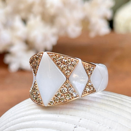 Estate 18KT Rose Gold + White Ceramic Pave Diamond Aura Ring