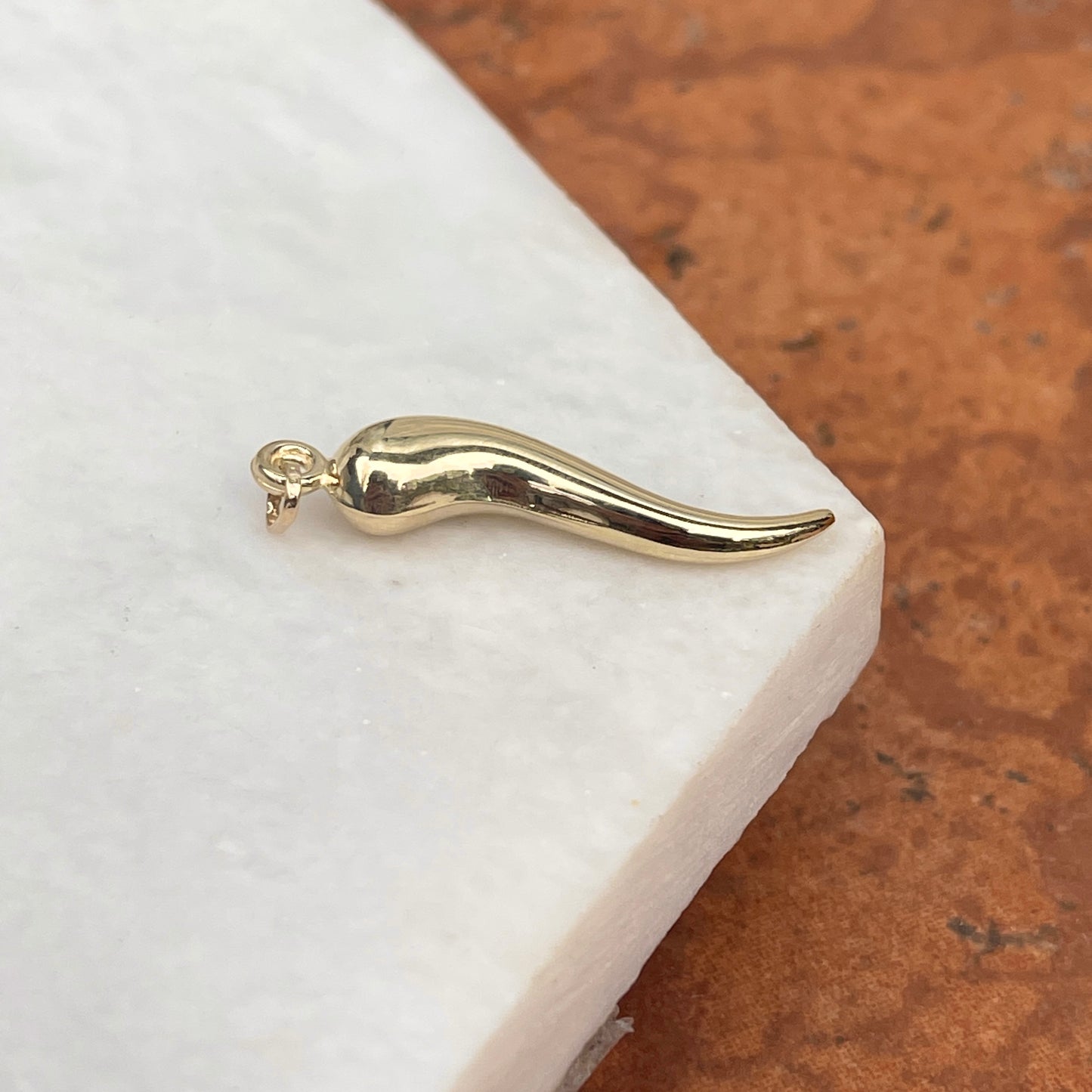 14KT Yellow Gold Corno Italian Horn Pendant Charm 33mm