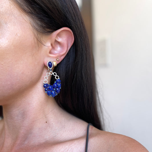 Estate 14KT White Gold Oval Blue Lapis, Blue Sapphire + Pave Diamond Earrings