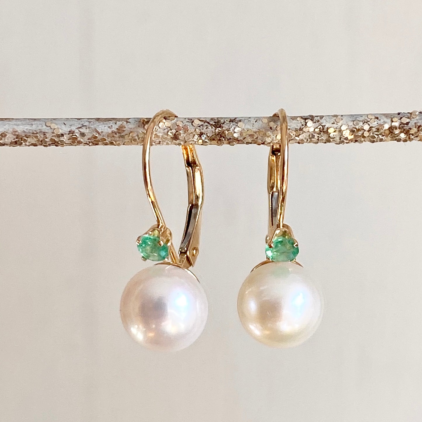14KT Yellow Gold Emerald + Freshwater Pearl Lever Back Earrings, 14KT Yellow Gold Emerald + Freshwater Pearl Lever Back Earrings - Legacy Saint Jewelry