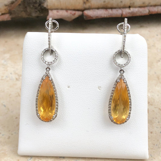 14KT White Gold Pave Diamond + Citrine Hoop Dangle Earrings, 14KT White Gold Pave Diamond + Citrine Hoop Dangle Earrings - Legacy Saint Jewelry
