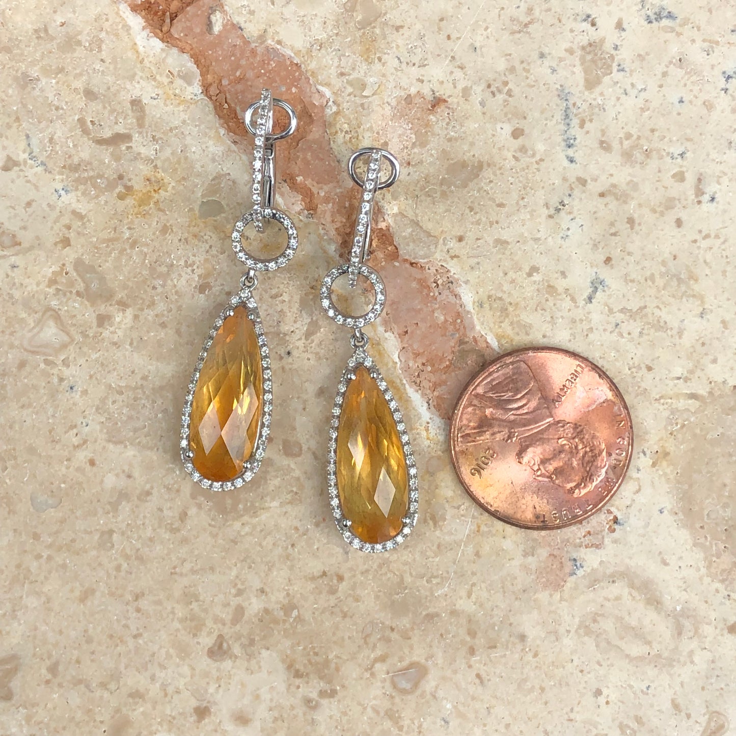 14KT White Gold Pave Diamond + Citrine Hoop Dangle Earrings, 14KT White Gold Pave Diamond + Citrine Hoop Dangle Earrings - Legacy Saint Jewelry