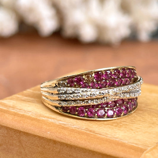 Estate 14KT Yellow Gold Pave Pink Sapphire + Diamond Concave Ring