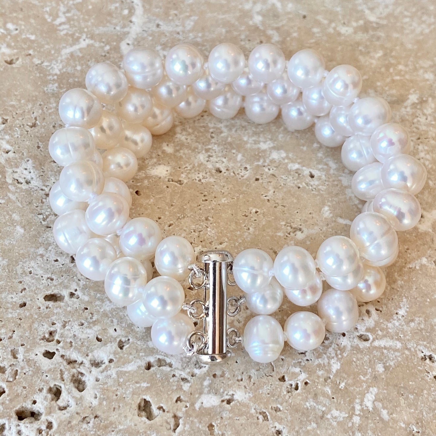 Sterling Silver White Freshwater Cultured Pearl Triple Strand Bracelet, Sterling Silver White Freshwater Cultured Pearl Triple Strand Bracelet - Legacy Saint Jewelry