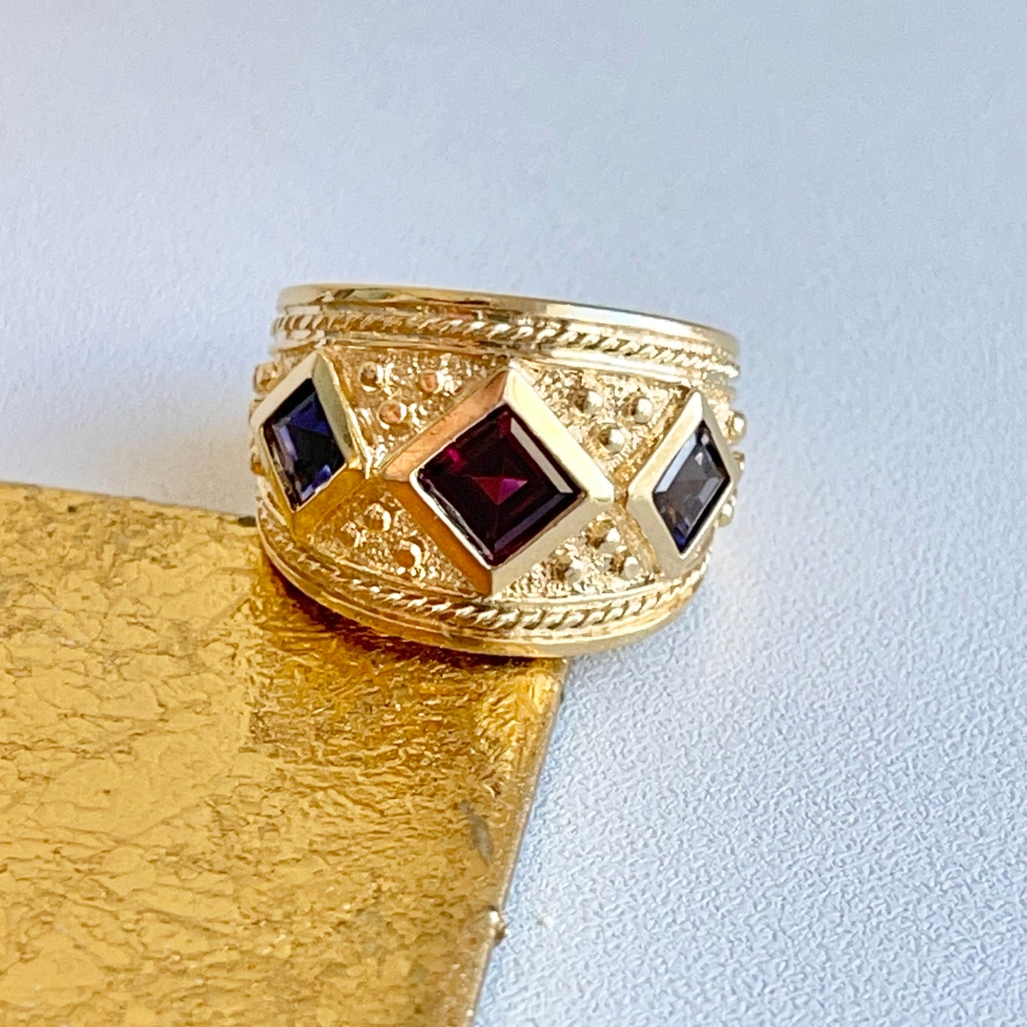 14KT Yellow Gold Byzantine Amethyst + Iolite Cigar Band Ring