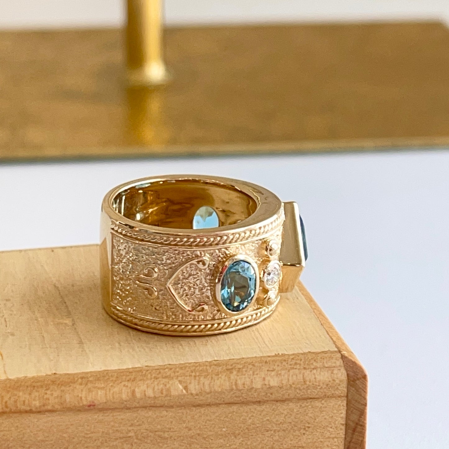 14KT Yellow Gold Byzantine Square Blue Topaz + Diamond Cigar Band Ring