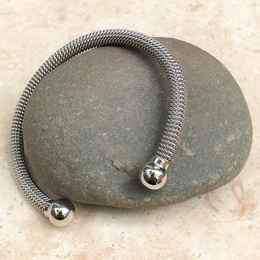 Sterling Silver Mesh Shiny Ball Endcaps Bangle Bracelet, Sterling Silver Mesh Shiny Ball Endcaps Bangle Bracelet - Legacy Saint Jewelry
