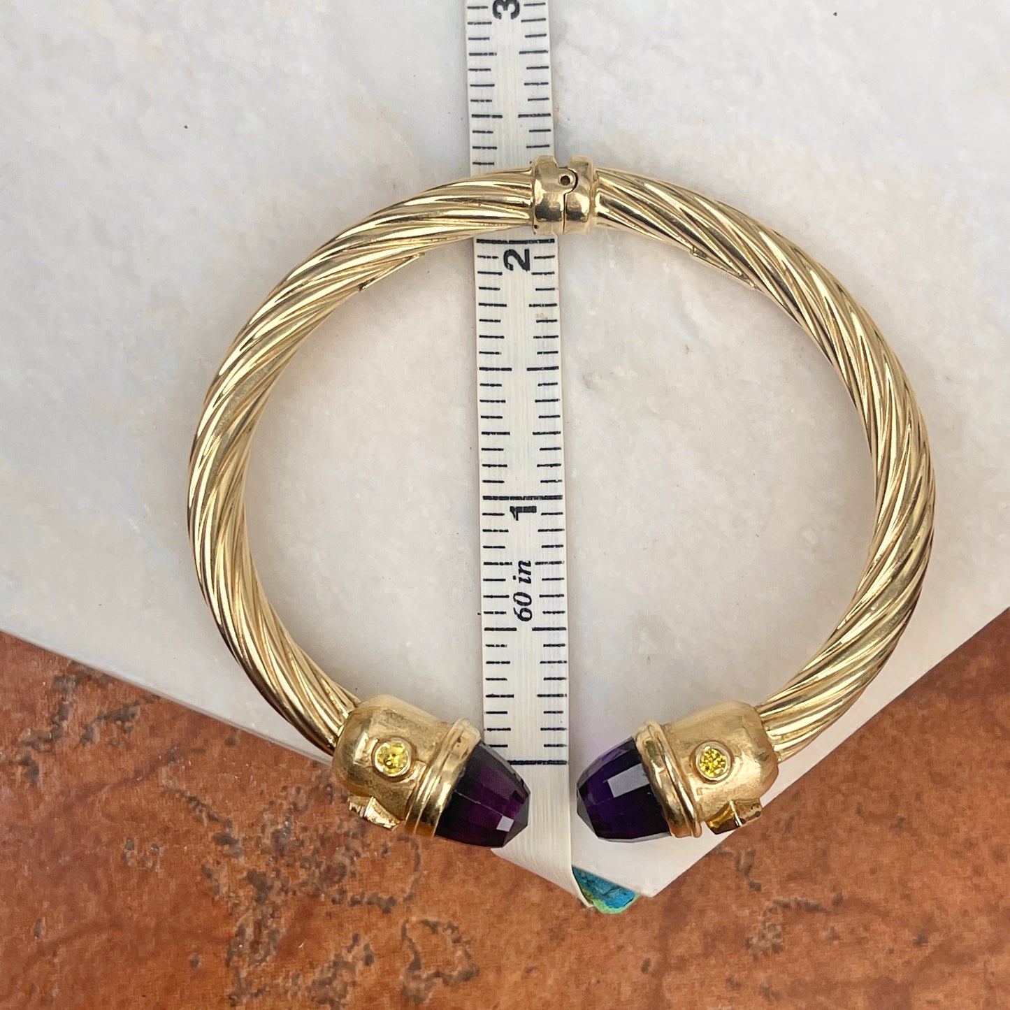 Estate 14KT Yellow Gold Amethyst + Peridot Bangle Cuff Bracelet