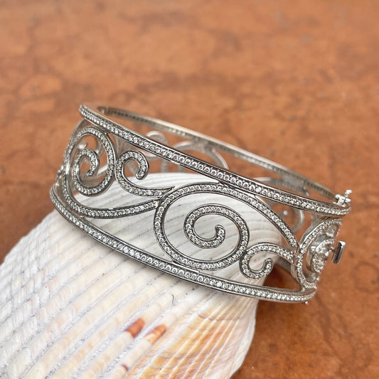 Estate 14KT White Gold 5.00+ Carat Pave Diamond Filigree Swirl Cuff Bracelet