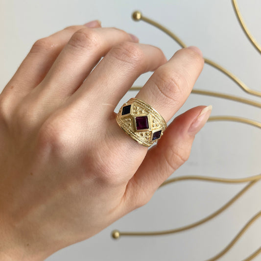 14KT Yellow Gold Byzantine Amethyst + Iolite Cigar Band Ring