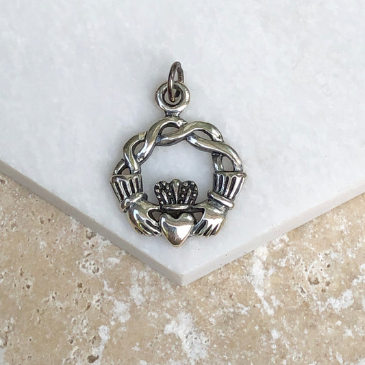 Sterling Silver Antiqued Celtic Claddagh Heart Round Pendant Charm, Sterling Silver Antiqued Celtic Claddagh Heart Round Pendant Charm - Legacy Saint Jewelry