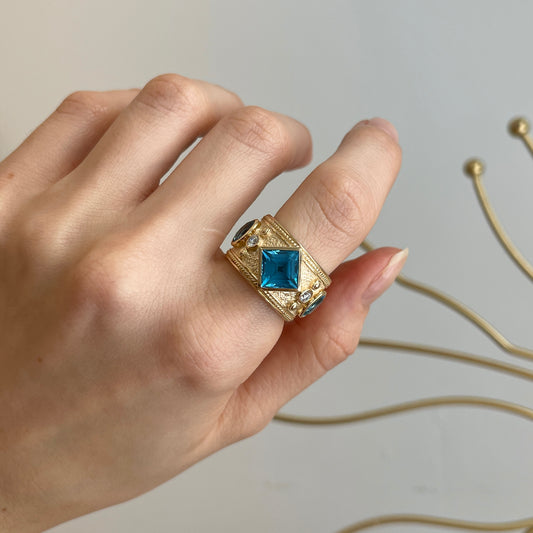 14KT Yellow Gold Byzantine Square Blue Topaz + Diamond Cigar Band Ring