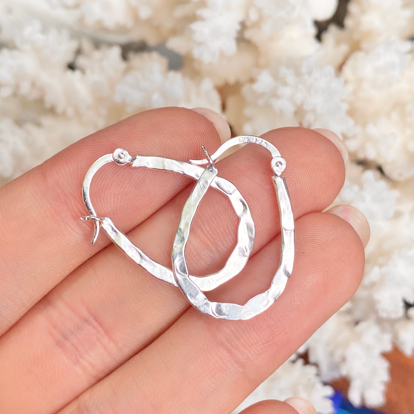 Sterling Silver Hammered Oval Hoop Earrings 20mm