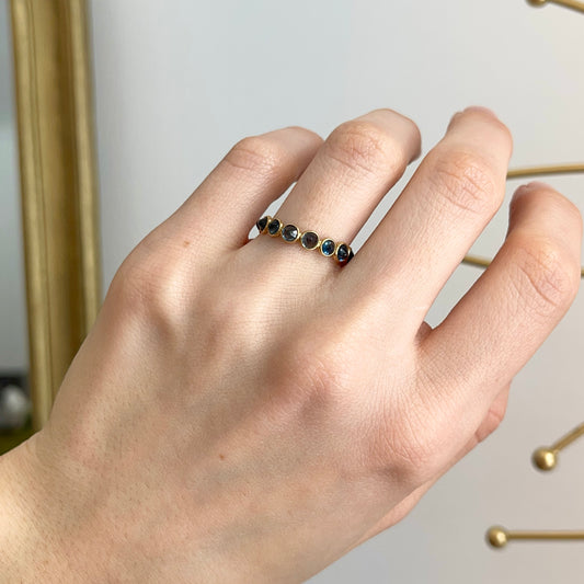 18KT Yellow Gold Round Faceted Blue Sapphire Eternity Adjustable Ring