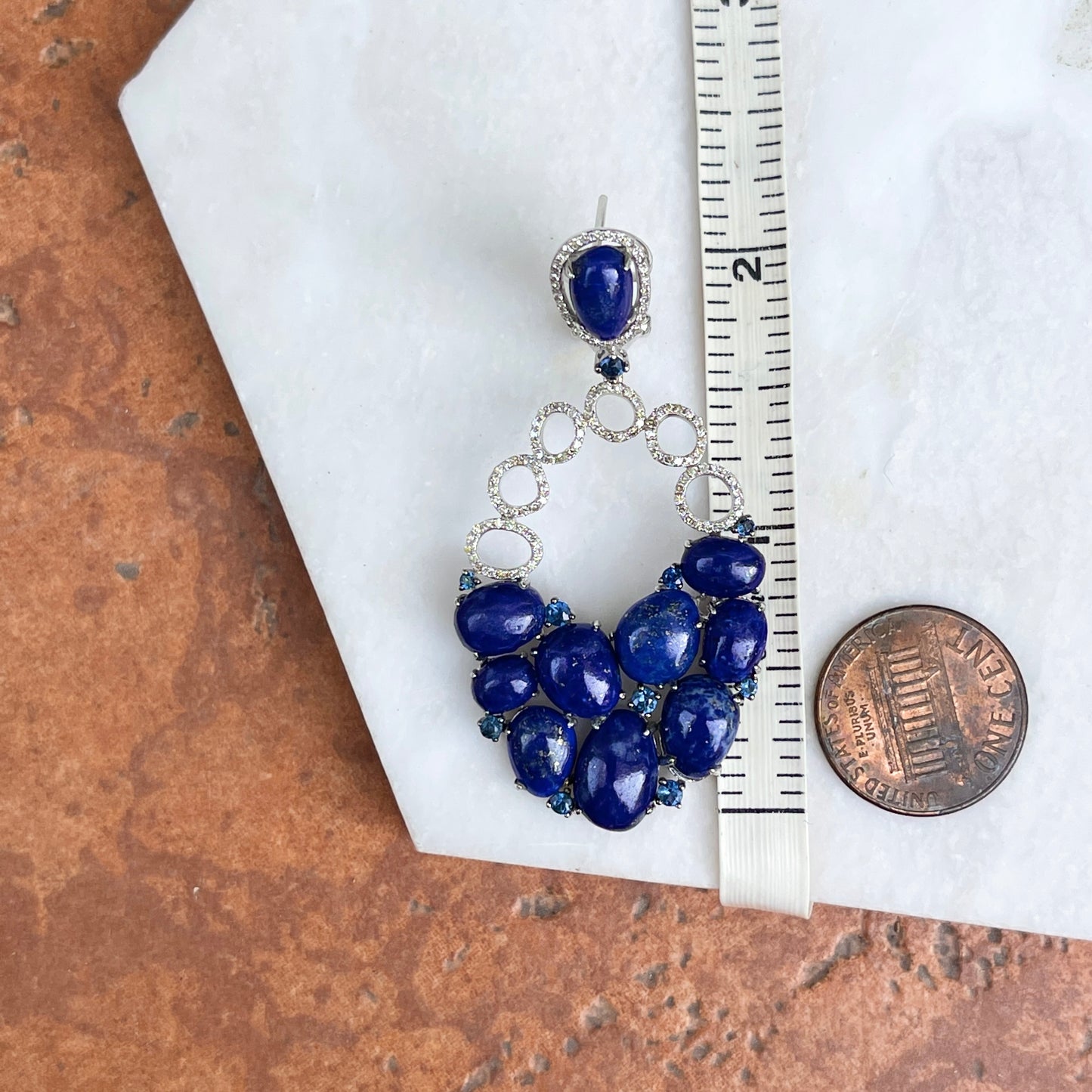 Estate 14KT White Gold Oval Blue Lapis, Blue Sapphire + Pave Diamond Earrings