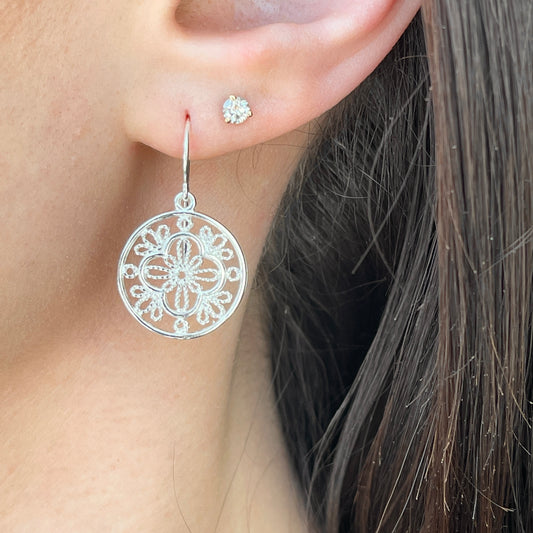 Sterling Silver Filigree Floral Shepherd Hook Earrings