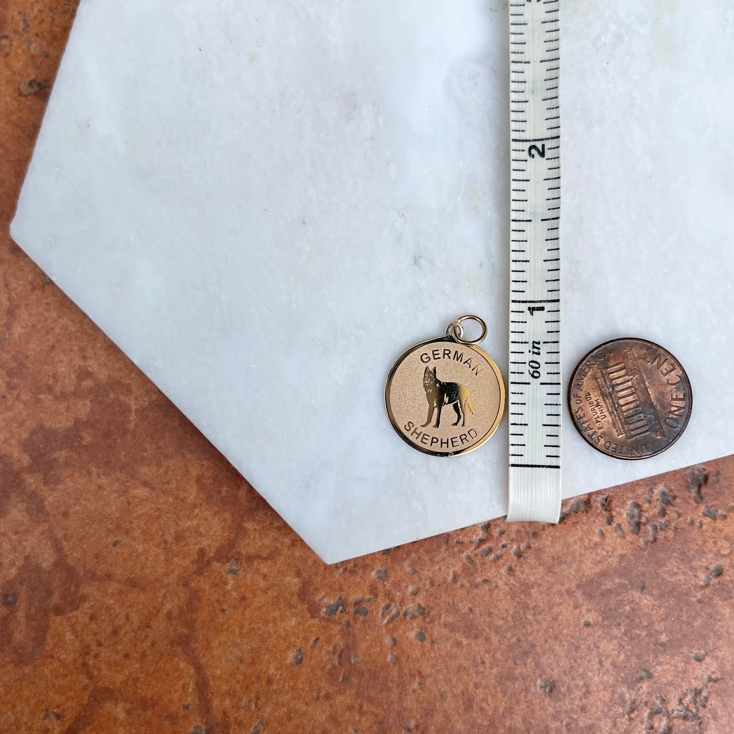 14KT Yellow Gold German Shepherd Dog Pendant Charm Satin Disc
