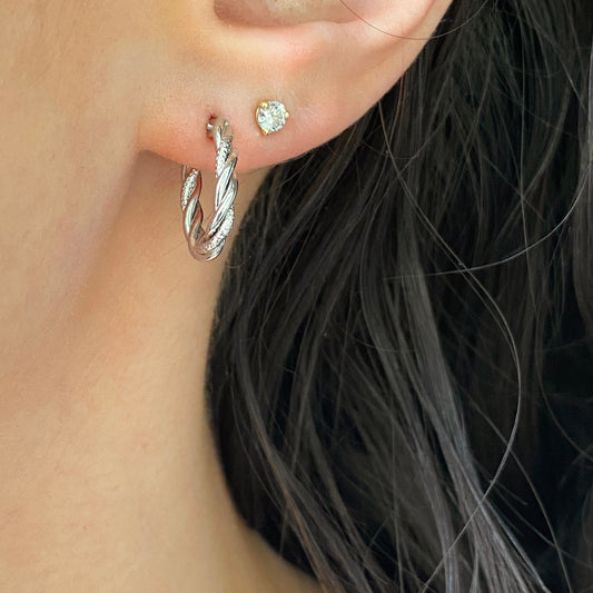 10KT White Gold Diamond-Cut + Polished Twisted Oval Hoop Earrings