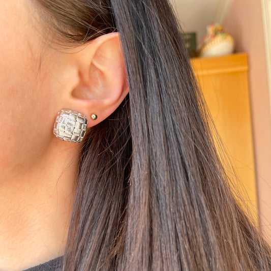 Sterling Silver Square Basket Weave Omega Back Earrings - LSJ