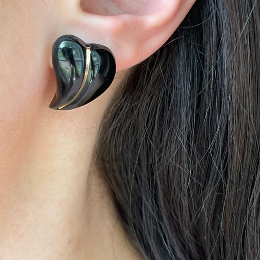 Estate 14KT Yellow Gold Black Onyx Heart Post Earrings