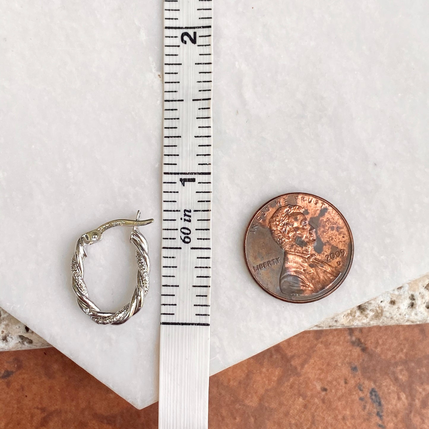 10KT White Gold Diamond-Cut + Polished Twisted Oval Hoop Earrings