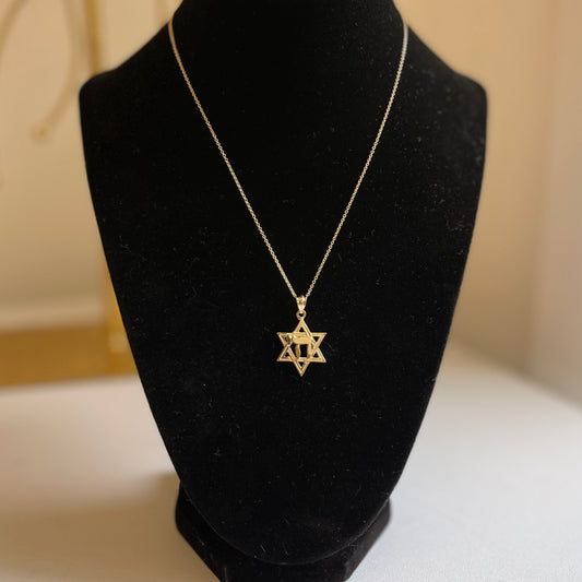 14KT Yellow Gold Jewish Chai Symbol + Star of David Pendant