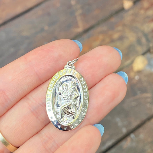 Sterling Silver Polished Saint Christopher Oval Medal Pendant