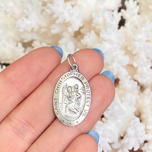 Sterling Silver Antiqued Saint Christopher Oval Medal Pendant 32mm