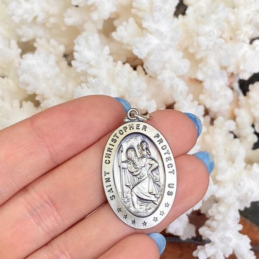 Sterling Silver Antiqued Saint Christopher Oval Medal Pendant 40mm