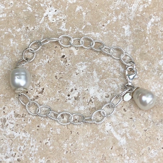 Sterling Silver Patterned Chain Link Paspaley Pearl Bracelet, Sterling Silver Patterned Chain Link Paspaley Pearl Bracelet - Legacy Saint Jewelry