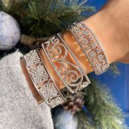 Estate 14KT White Gold Filigree 2.25 CT Pave Diamond Art Deco Bangle Cuff Bracelet - LSJ
