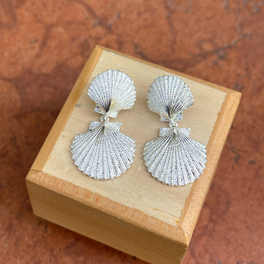 Sterling Silver Textured Double Sea Shell Drop Earrings