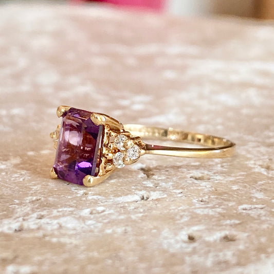 14KT Yellow Gold Emerald-Cut Purple Amethyst + Diamond Ring, 14KT Yellow Gold Emerald-Cut Purple Amethyst + Diamond Ring - Legacy Saint Jewelry