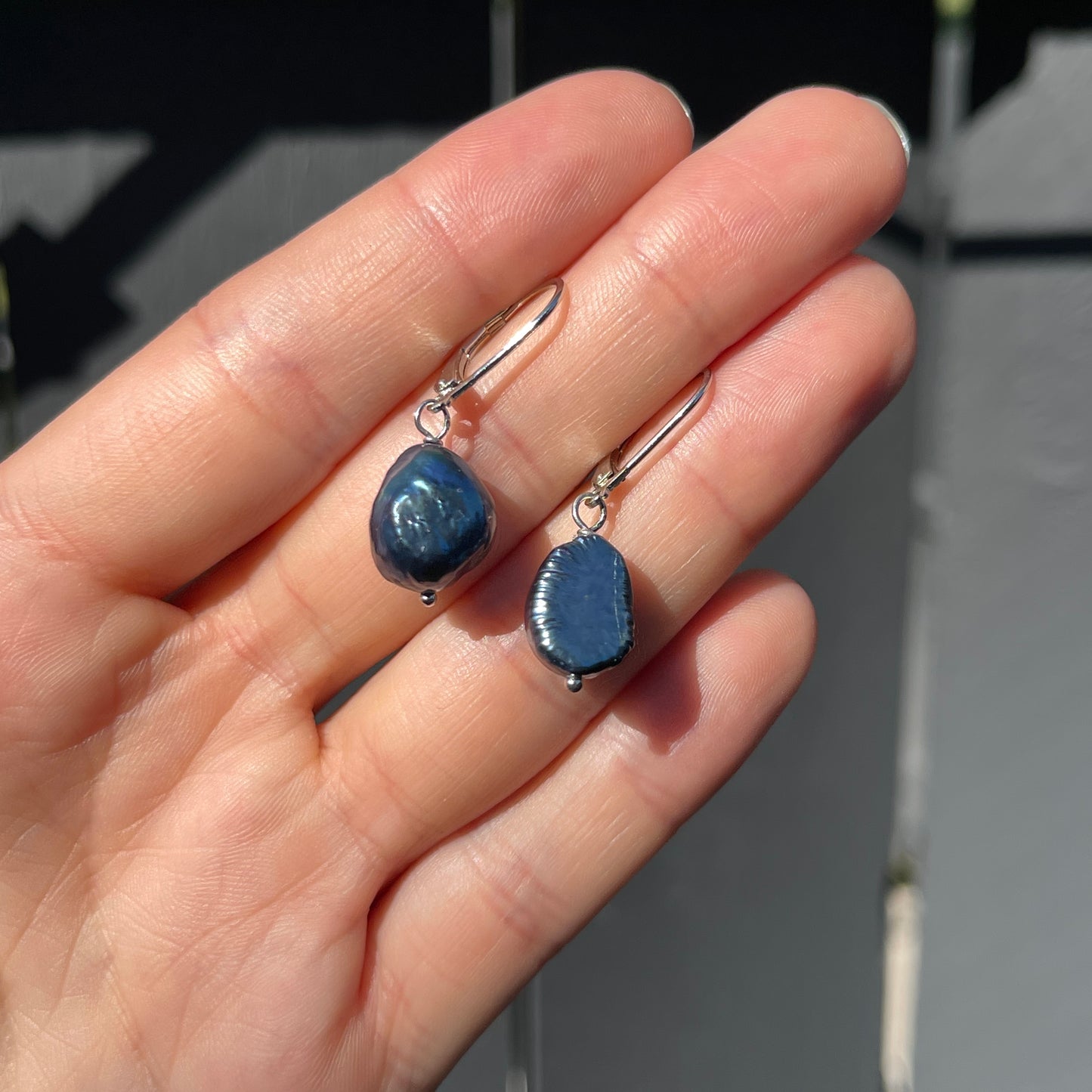 Sterling Silver Black Freshwater Baroque Pearl Leverback Earrings