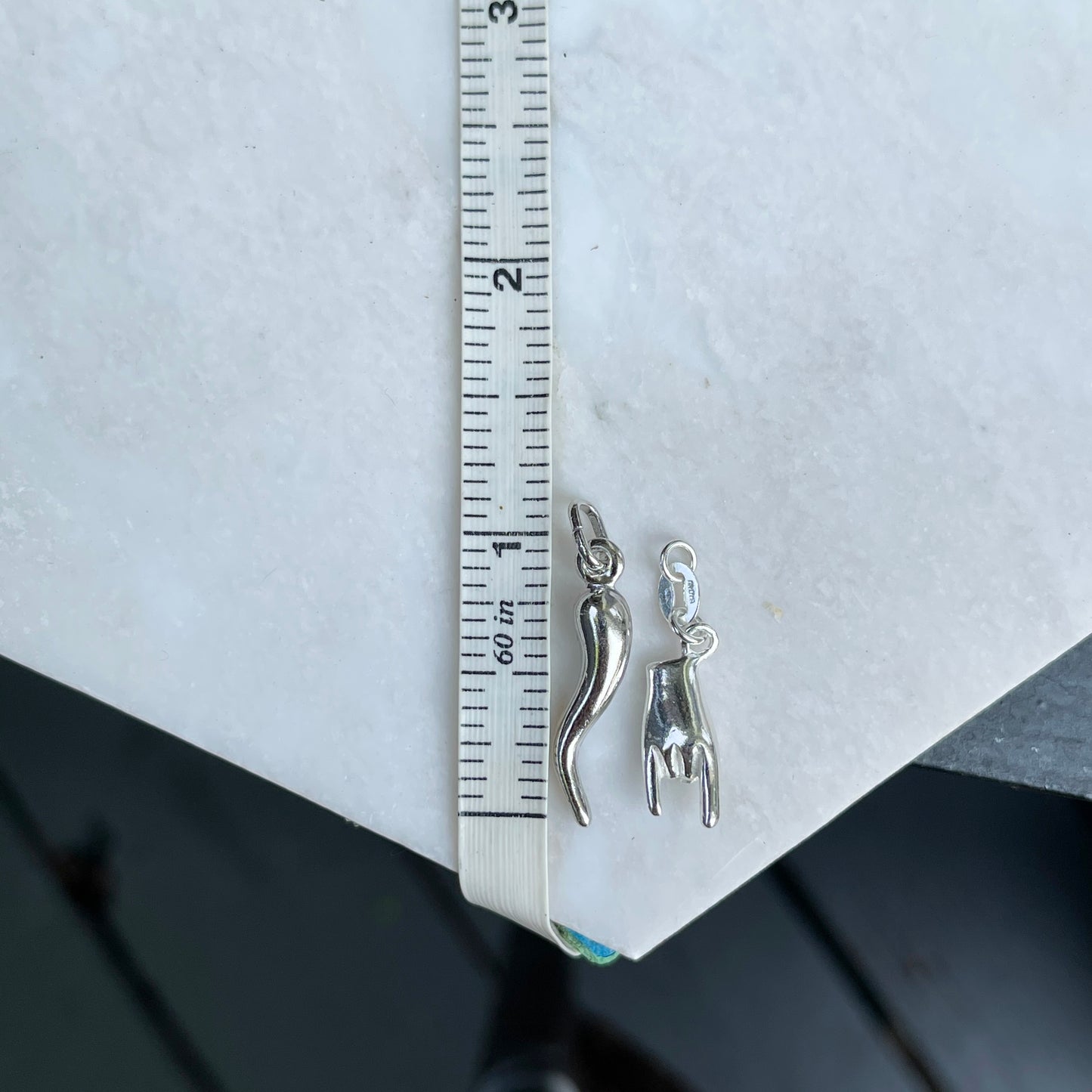 Sterling Silver Mano Cornuto + Italian Horn Pendant Charms Set